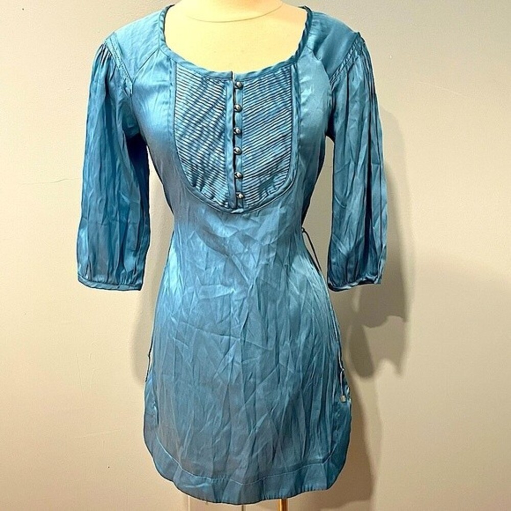 NEW Kensie Blue Satin 3/4 Sleeve Pleated Button Front Dress Size Small